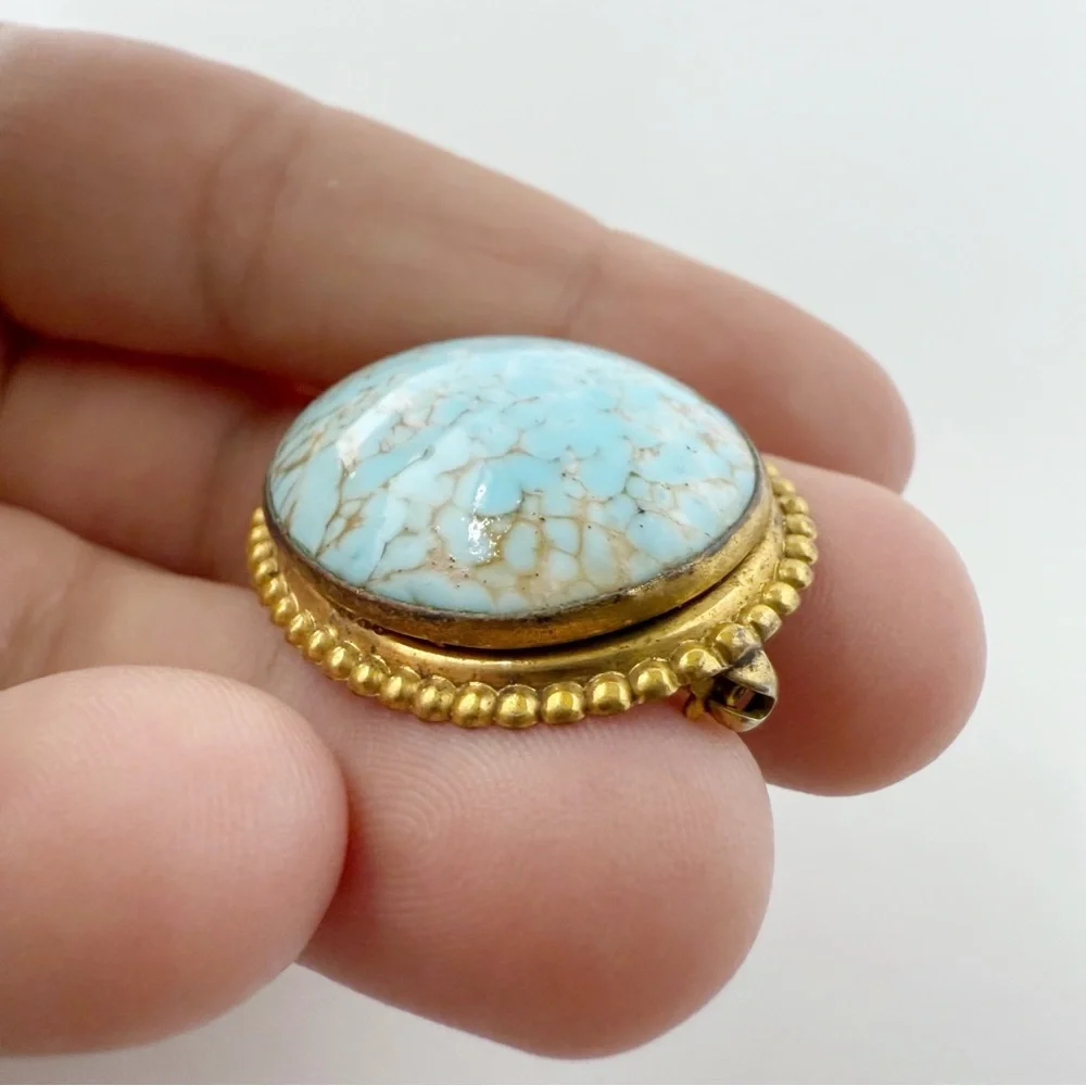 Vintage Turquoise Peking Glass Oval Brooch Goldtone Ball Bead Trim Framed